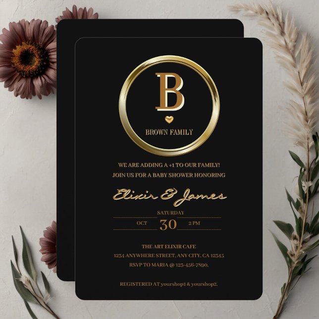 Elegante Black and Gold Monogram Family Baby Dusch Einladung (Von Creator hochgeladen)