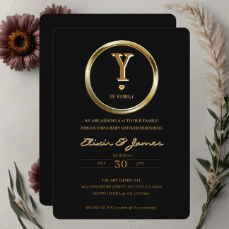 Elegante Black and Gold Monogram Family Baby Dusch Einladung