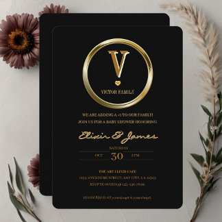 Elegante Black and Gold Monogram Family Baby Dusch Einladung