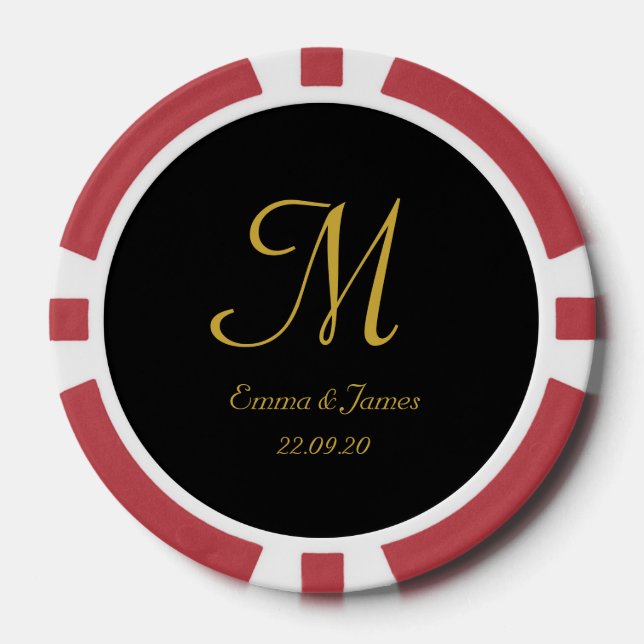 Elegante Black and Gold Monogram Script Hochzeit Pokerchips (Vorderseite)