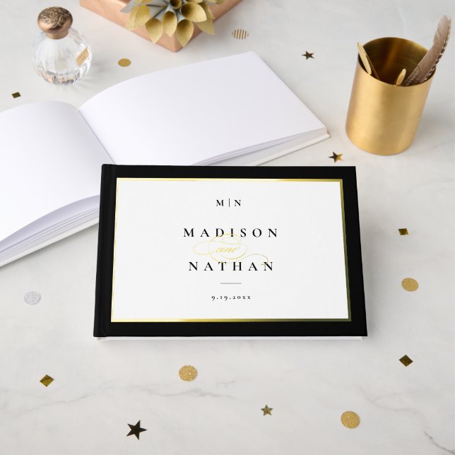 Elegante Black and Gold Monogram Wedding Gästebuch (Vorderseite Offen)