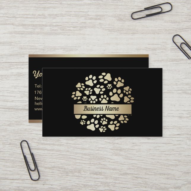 Elegante Black and Gold Pet Groomer Business Card Visitenkarte (Vorderseite/Rückseite Beispiel)