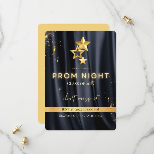 Elegante Black and Gold Prom Night Einladung 2025 (Vorderseite/Rückseite Beispiel)
