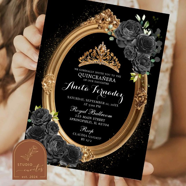 Elegante Black and Gold Quinceanera Einladung (Von Creator hochgeladen)