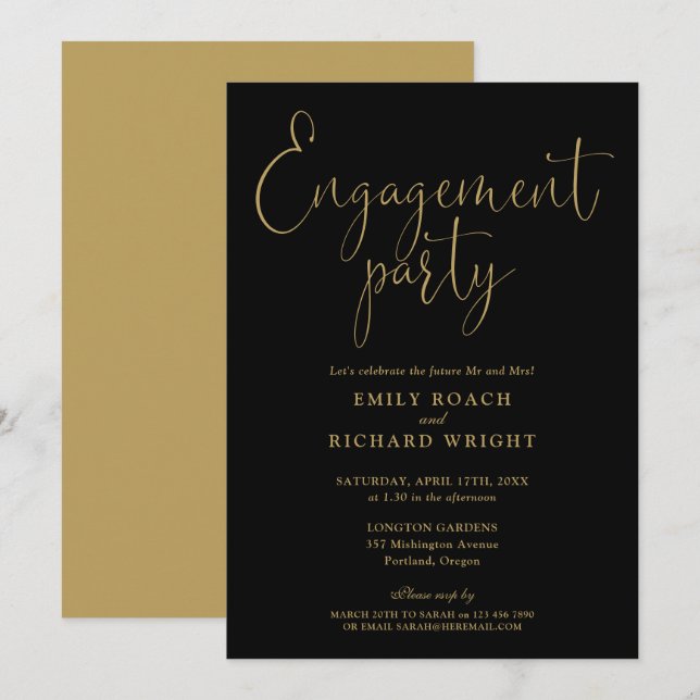 Elegante Black and Gold Script Engagement Party Einladung (Vorne/Hinten)