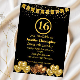 Elegante Black and Gold Sweet 16 Geburtstagsparty Einladung