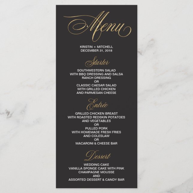 Elegante Black and Gold Wedding Menu Karte (Vorderseite)