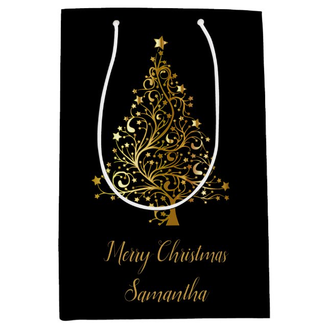 Elegante Black and Gold Weihnachtsbaum-Geschenktas Mittlere Geschenktüte (Vorderseite)