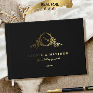 Elegante Black and Real Foil Monogram Wedding Gästebuch