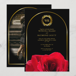 Elegante Black and Rote Rose Gold Laurel Initials Einladung