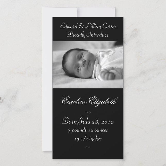 Elegante Black and White Baby Birth Annoucement Ankündigung (Vorderseite)