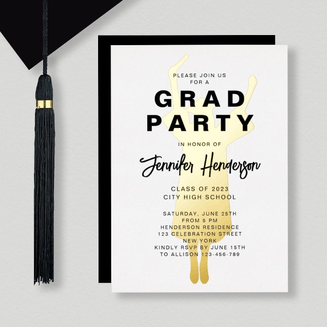 Elegante Black and White Graduation Party Gold Folieneinladung (Von Creator hochgeladen)