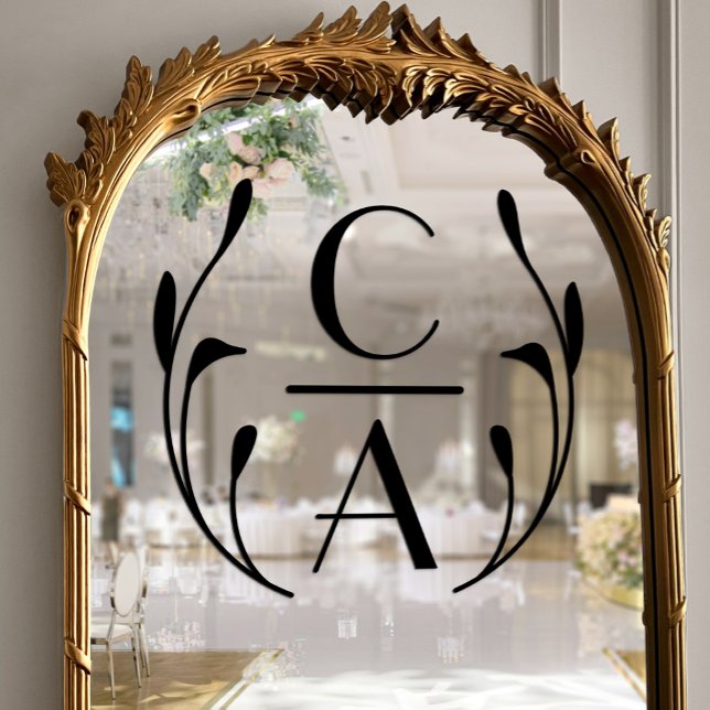 Elegante Black Art Deco Monogram Wreath Wedding Fensteraufkleber (Elegant Black Art Deco Monogram Wreath Wedding Window Cling)