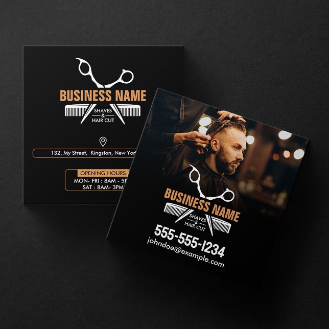Elegante Black Beruflich BarberShop Haarstil Quadratische Visitenkarte (Von Creator hochgeladen)