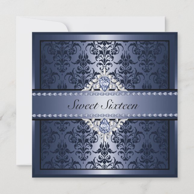 Elegante Black & Blue Damask Sweet16 Einladung (Vorderseite)