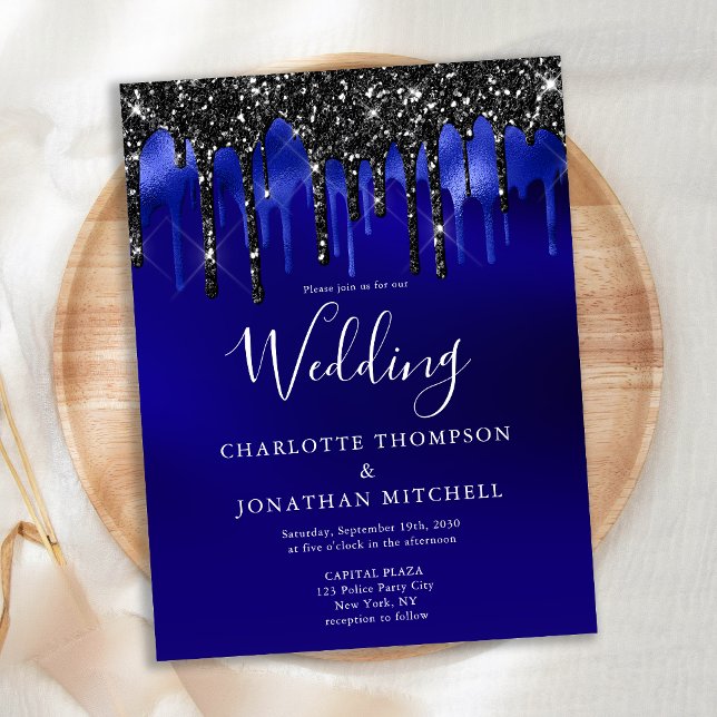 Elegante Black Blue Glitzer Tropfens Police Weddin Ankündigungspostkarte (Von Creator hochgeladen)