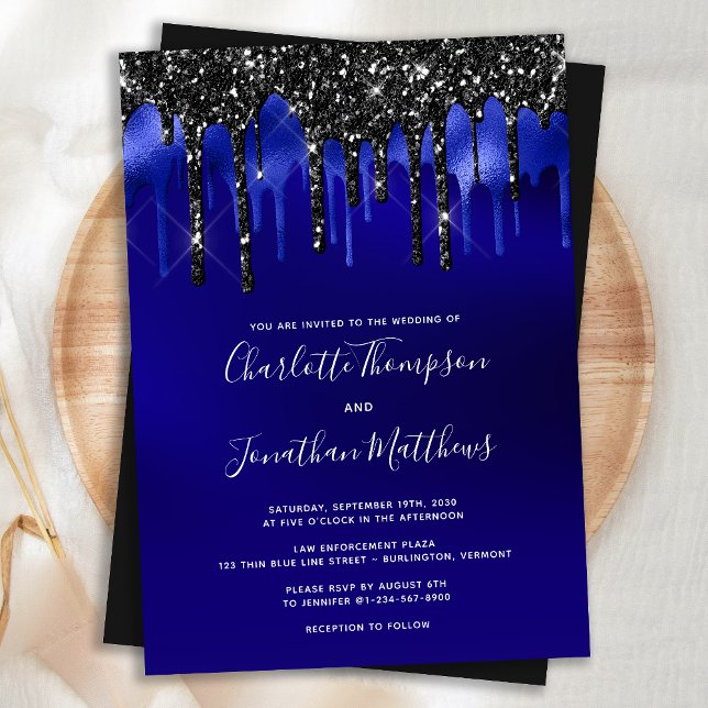 Elegante Black Blue Glitzer Tropfens Police Weddin Einladung (Von Creator hochgeladen)