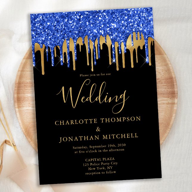 Elegante Black Blue Gold Glitzer Tropfen Hochzeit Einladung (Von Creator hochgeladen)