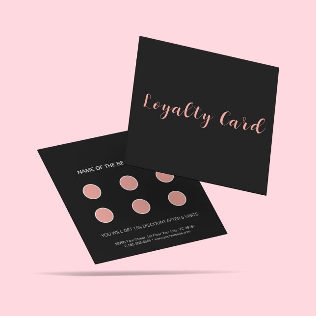 Elegante Black & Blush Pink Typografy Loyalty Card Quadratische Visitenkarte (Von Creator hochgeladen)