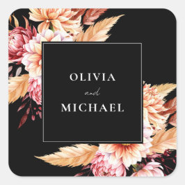 Elegante Black Boho Chic Floral Wedding Quadratischer Aufkleber