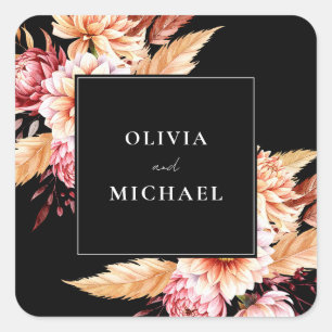Elegante Black Boho Chic Floral Wedding Quadratischer Aufkleber