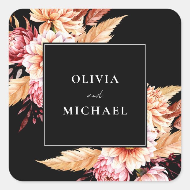 Elegante Black Boho Chic Floral Wedding Quadratischer Aufkleber (Vorderseite)