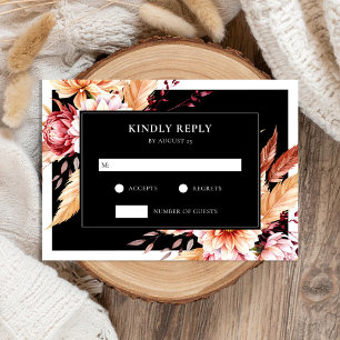 Elegante Black Boho Chic Floral Wedding RSVP Karte