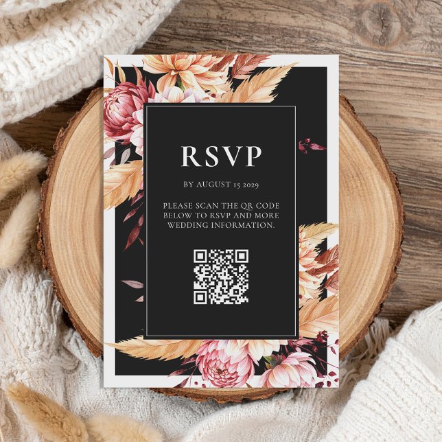 Elegante Black Boho Chic Floral Wedding RSVP Karte (Von Creator hochgeladen)