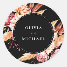 Elegante Black Boho Chic Floral Wedding Runder Aufkleber