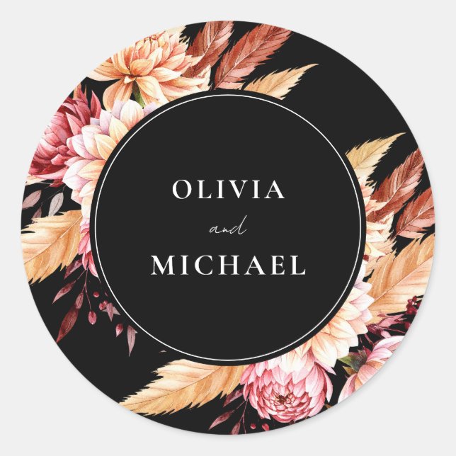Elegante Black Boho Chic Floral Wedding Runder Aufkleber (Vorderseite)