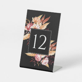 Elegante Black Boho Floral Wedding Tischnummer Sockelschild