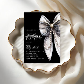 Elegante Black Bow und Pearl Birthday Party Einladung