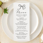 Elegante Black Bow Wedding Menükarte<br><div class="desc">Mit diesem Schwarz-Weiß-Hochzeitsmenü mit einem handgezeichnet schwarzen Bogen und "Menu" in eleganter Kalligrafie schaffen Sie einen zeitlosen Look. Passen Sie den unten stehenden Text an, um Namen, Hochzeitstermin und Menüdetails einzufügen. Ideal für Hochzeiten in Schwarz-Krawatte, moderne romantische Themen oder eine monochrome Eventdekoration. Eine elegante und raffinierte Wahl für Ihren Hochzeitsempfang....</div>