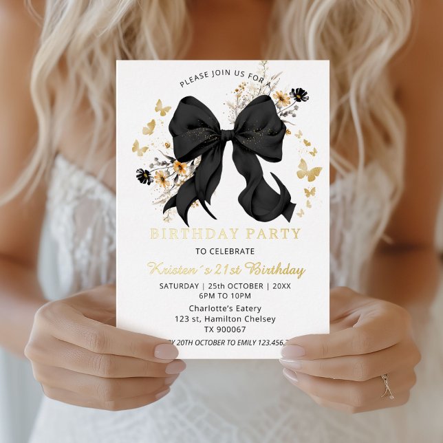 Elegante Black Bow Wildblumen Einladung Gold (Elegant black Bow Coquette 21st Birthday invitation)