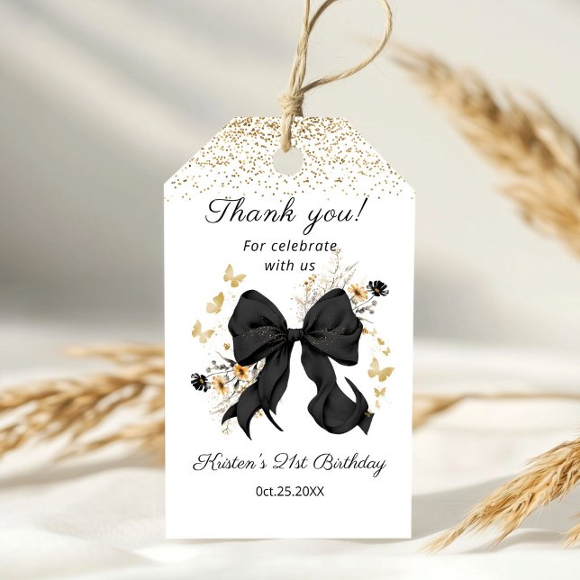 Elegante Black Bow Wildblumen Vielen Dank Geschenkanhänger (Balck bow coquette Birthday Thank you gift tag)