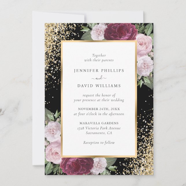 Elegante Black Burgundy Blush Gold Floral Wedding Einladung (Vorderseite)