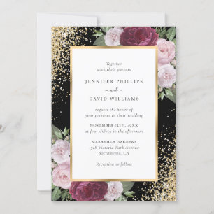 Elegante Black Burgundy Blush Gold Floral Wedding Einladung