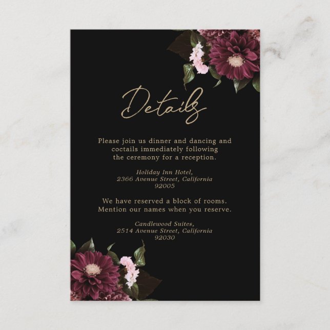 Elegante Black Burgundy Floral Wedding Begleitkarte (Vorderseite)