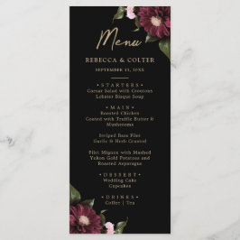 Elegante Black Burgundy Floral Wedding Menükarte