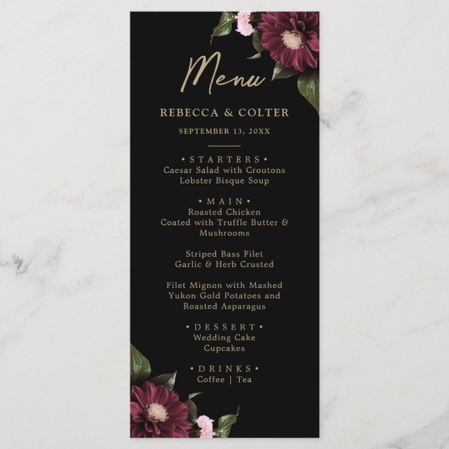 Elegante Black Burgundy Floral Wedding Menükarte (Vorderseite)