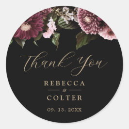 Elegante Black Burgundy Floral Wedding Runder Aufkleber