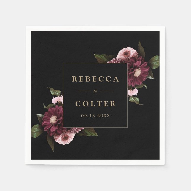 Elegante Black Burgundy Floral Wedding Serviette (Vorderseite)