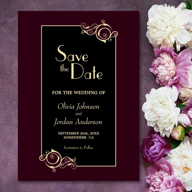 Elegante Black Burgundy Gold Wedding Save The Date (Von Creator hochgeladen)