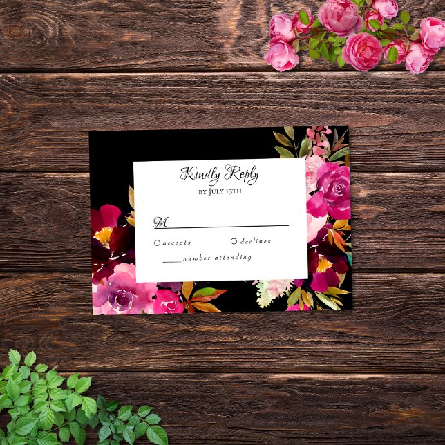 Elegante Black Burgundy Pink Floral Frame RSVP Kar Karte (Von Creator hochgeladen)