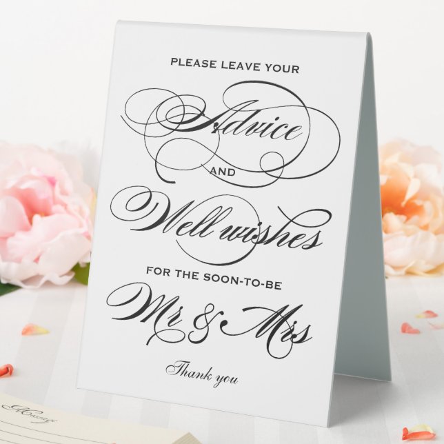 Elegante Black Calligraphy Advice und Well Wishing Tischaufsteller (In Situ (Hochzeit))