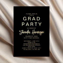 Elegante Black Calligraphy Graduation Party Gold Folieneinladung
