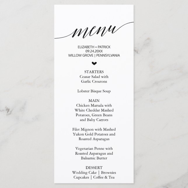 Elegante Black Calligraphy Heart Dinner Menu Karte (Vorderseite)