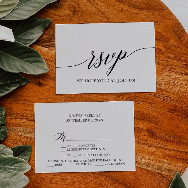 Elegante Black Calligraphy Menü Auswahl RSVP Karte (Von Creator hochgeladen)