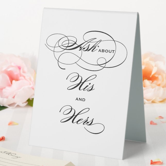 Elegante Black Calligraphy Seine und ihre Getränke Tischaufsteller (In Situ (Hochzeit))