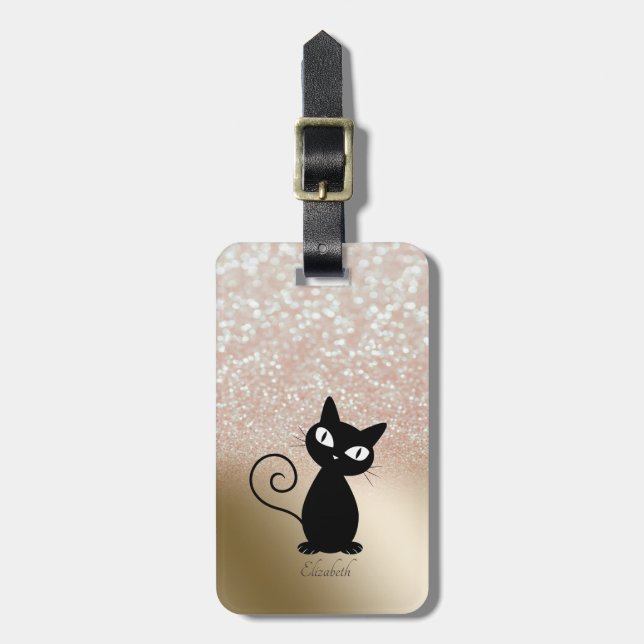 Elegante Black Cat, Glitzer Bokeh - Personalisiert Gepäckanhänger (Vorderseite vertikal)